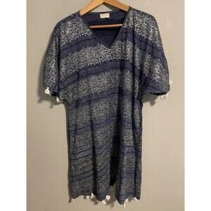 Lula Soul Dress Womens Medium Blue White Tassel Cotton Tunic Cover Up Boho Beach